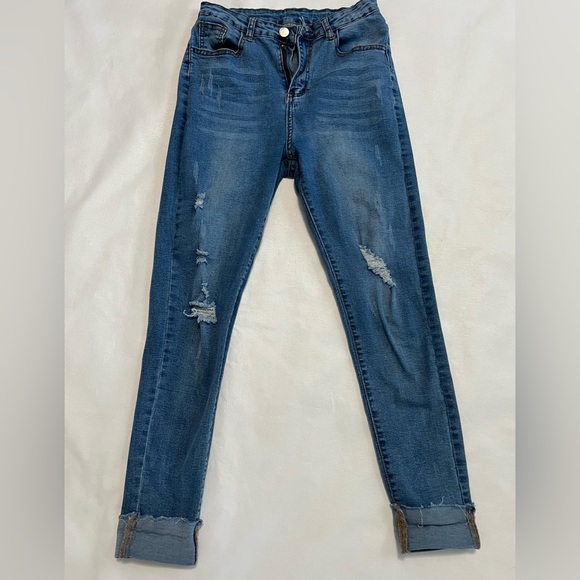 Shein High Waisted Distressed Stretchy Skinny Jeans Size XS Denim - Picture 1 of 13